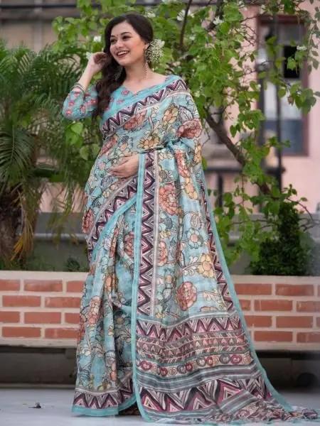 Printed Linen Light Blue Saree RE