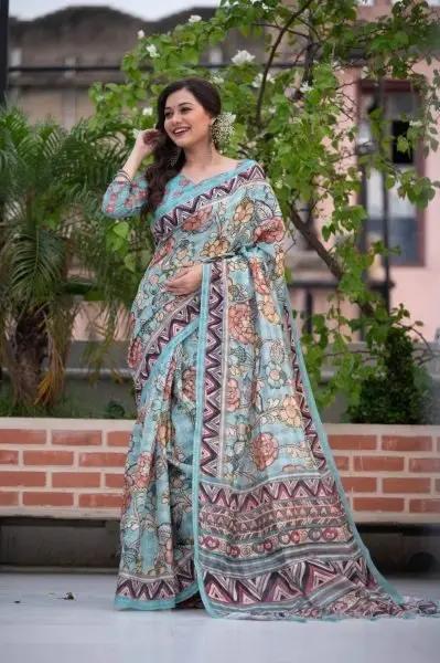 Printed Linen Light Blue Saree RE