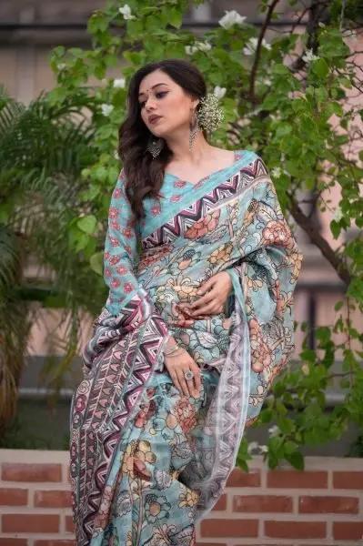 Printed Linen Light Blue Saree RE