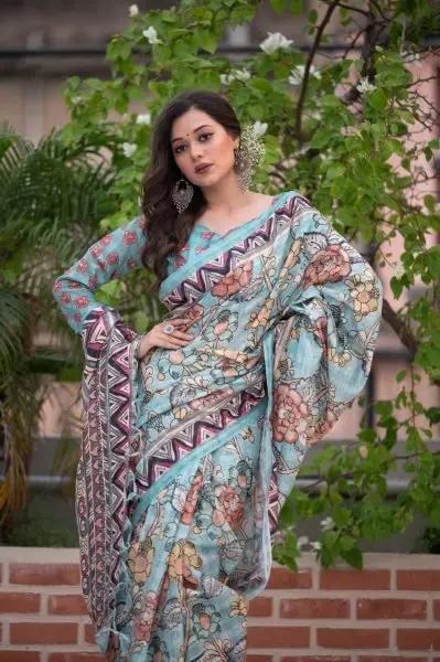 Printed Linen Light Blue Saree RE