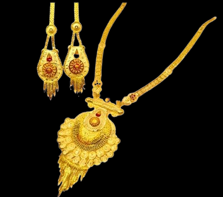 One-Gram Gold-Plated Long Haram Necklace Set with Earrings and Earring support Chain