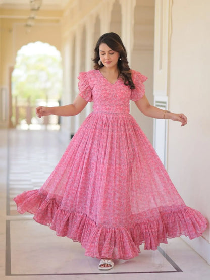 Stylish Faux Georgette Printed Gown with Flair Bell Sleeves Party Wear Dress for Women at Bulk Stock for Resellers RE