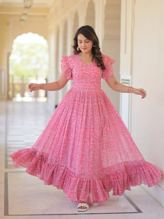 Stylish Faux Georgette Printed Gown with Flair Bell Sleeves Party Wear Dress for Women at Bulk Stock for Resellers RE