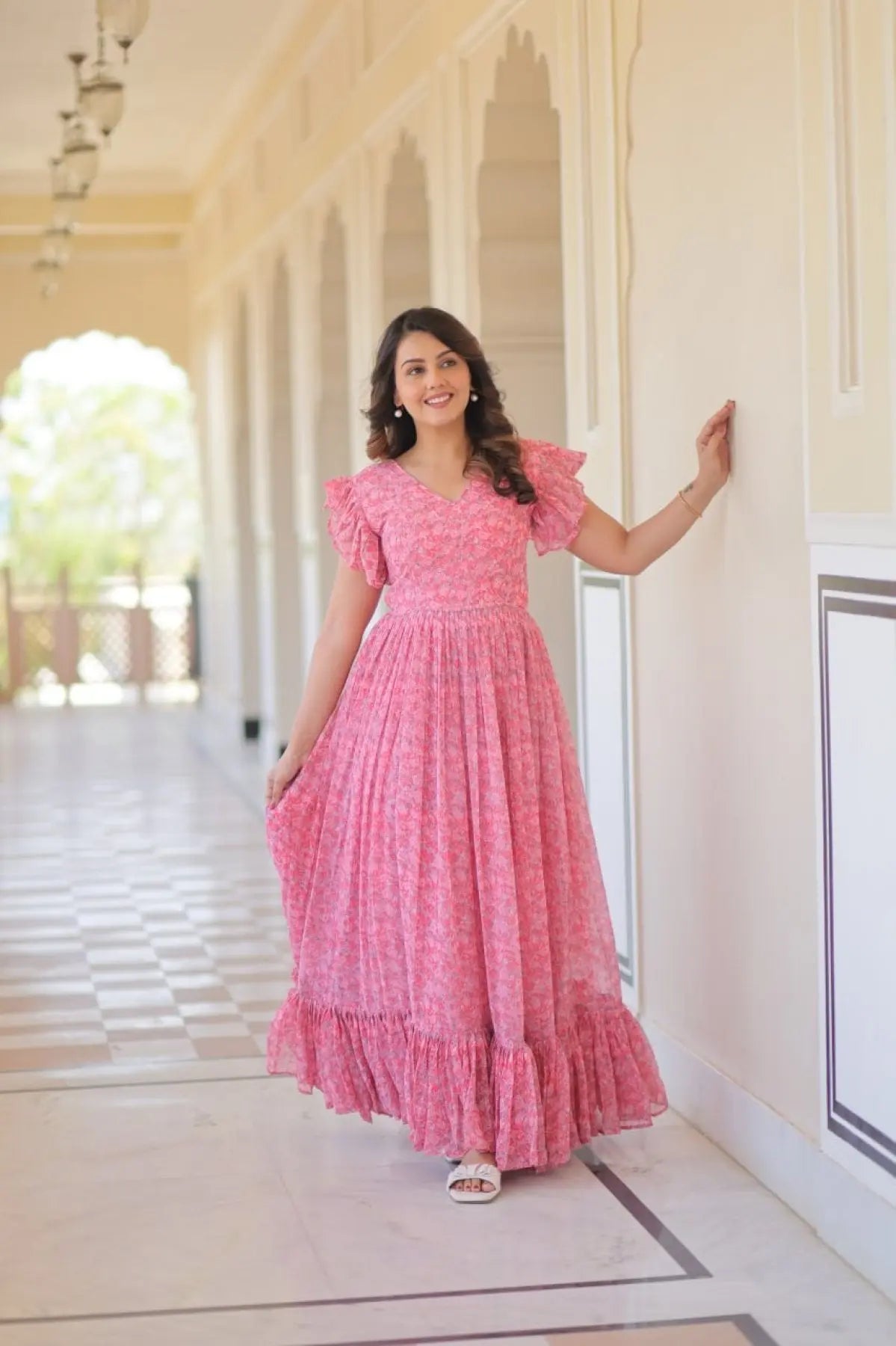 Stylish Faux Georgette Printed Gown with Flair Bell Sleeves Party Wear Dress for Women at Bulk Stock for Resellers RE