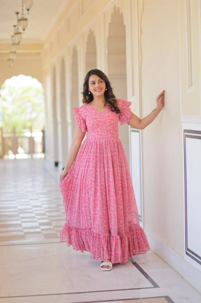 Stylish Faux Georgette Printed Gown with Flair Bell Sleeves Party Wear Dress for Women at Bulk Stock for Resellers RE