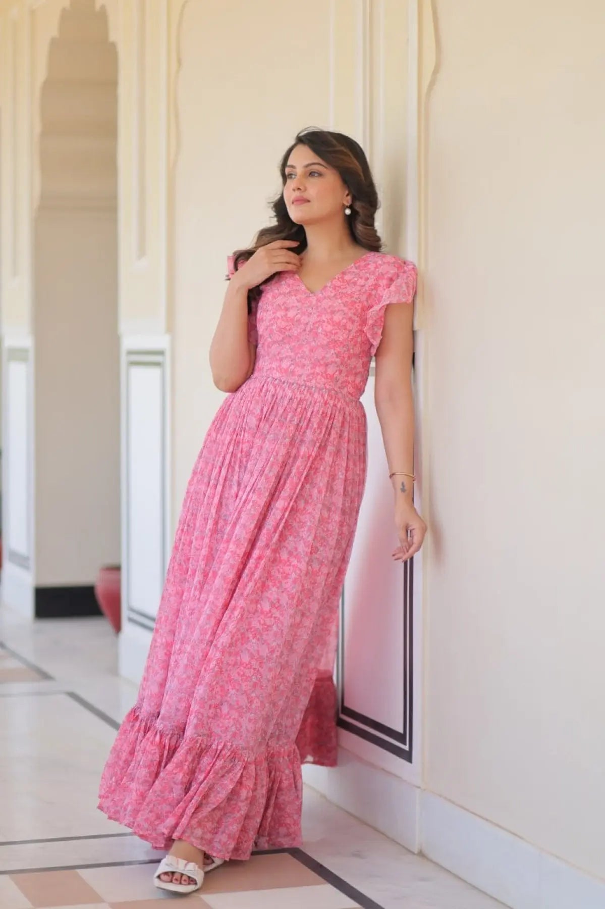 Stylish Faux Georgette Printed Gown with Flair Bell Sleeves Party Wear Dress for Women at Bulk Stock for Resellers RE
