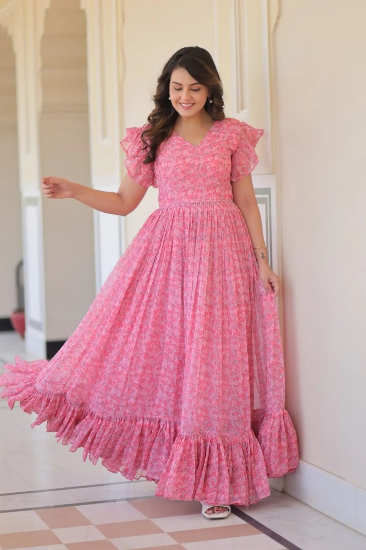 Stylish Faux Georgette Printed Gown with Flair Bell Sleeves Party Wear Dress for Women at Bulk Stock for Resellers RE
