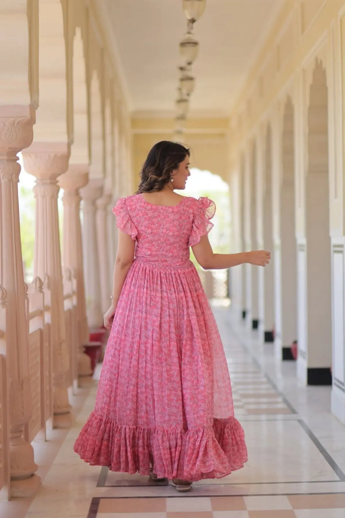Stylish Faux Georgette Printed Gown with Flair Bell Sleeves Party Wear Dress for Women at Bulk Stock for Resellers RE