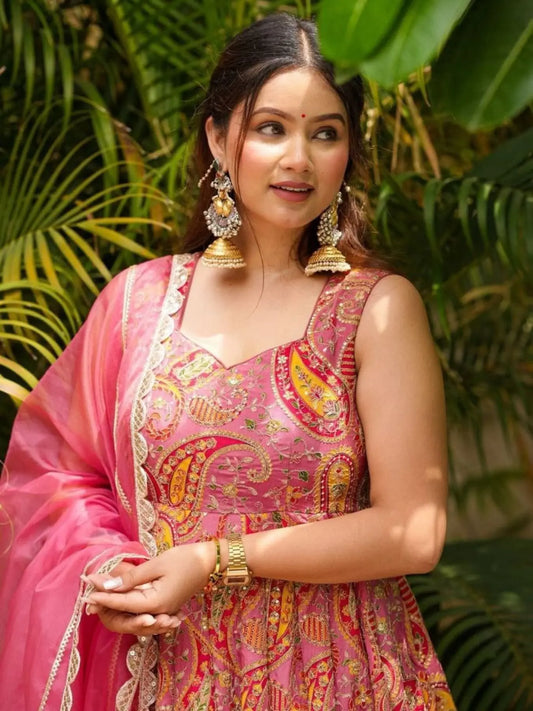 Stylish Magenta Organza Silk Digital Print Anarkali Gown with Heavy Flair and Lace Dupatta RE
