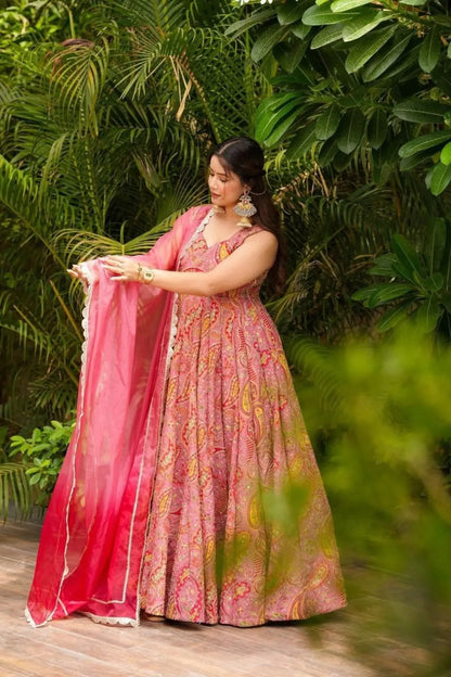 Stylish Magenta Organza Silk Digital Print Anarkali Gown with Heavy Flair and Lace Dupatta RE