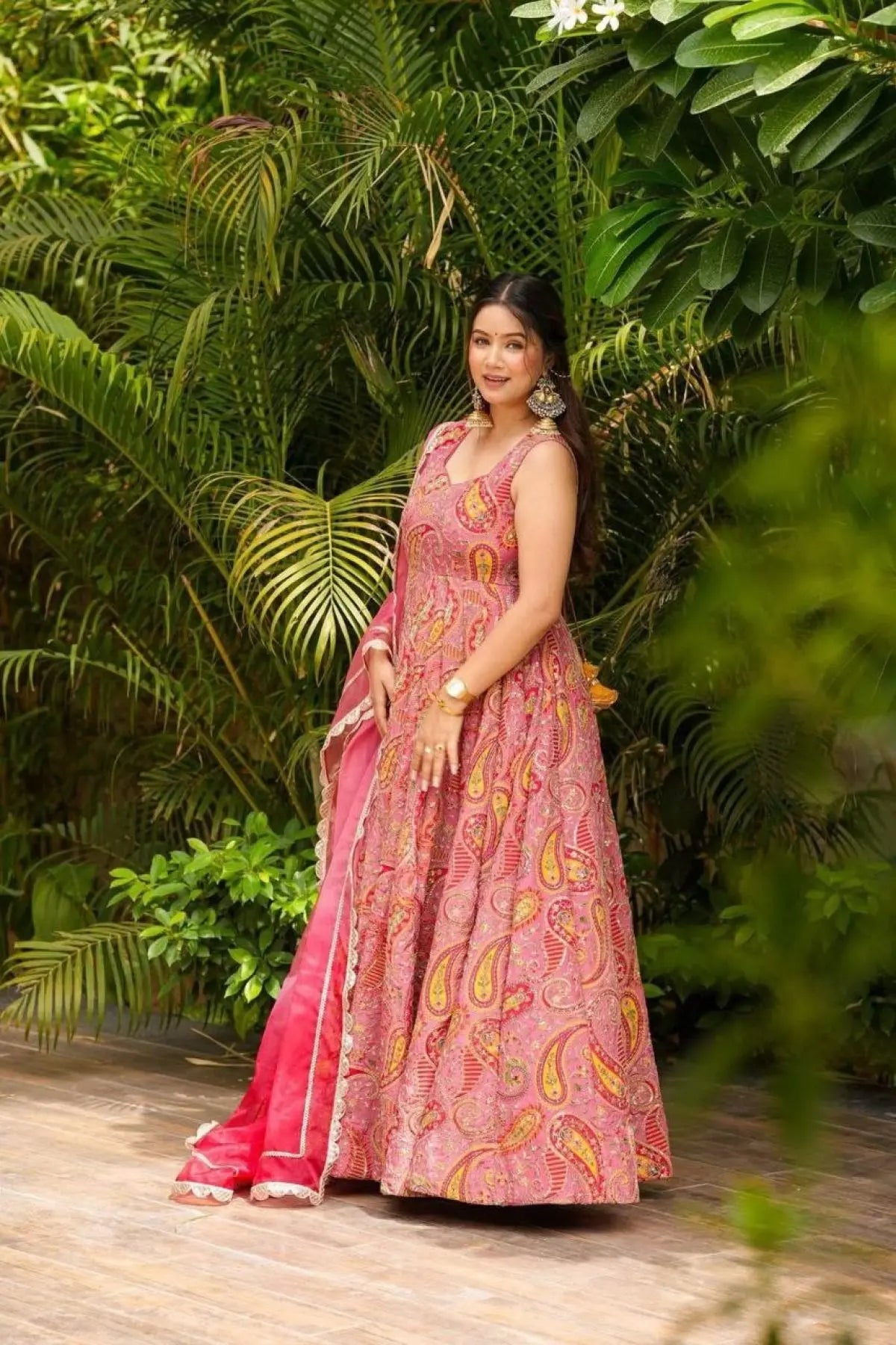 Stylish Magenta Organza Silk Digital Print Anarkali Gown with Heavy Flair and Lace Dupatta RE