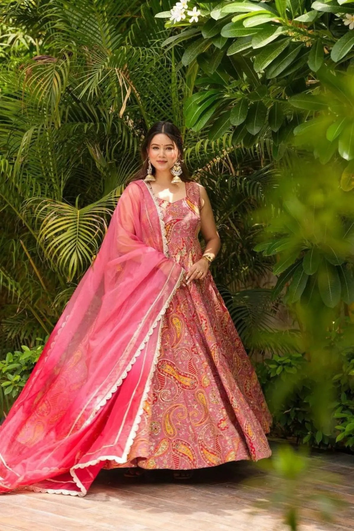 Stylish Magenta Organza Silk Digital Print Anarkali Gown with Heavy Flair and Lace Dupatta RE