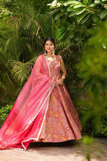 Stylish Magenta Organza Silk Digital Print Anarkali Gown with Heavy Flair and Lace Dupatta RE