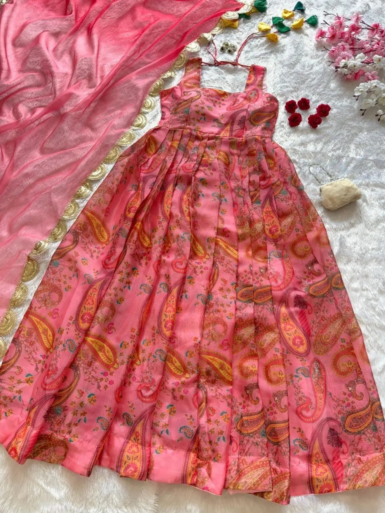 Stylish Magenta Organza Silk Digital Print Anarkali Gown with Heavy Flair and Lace Dupatta RE