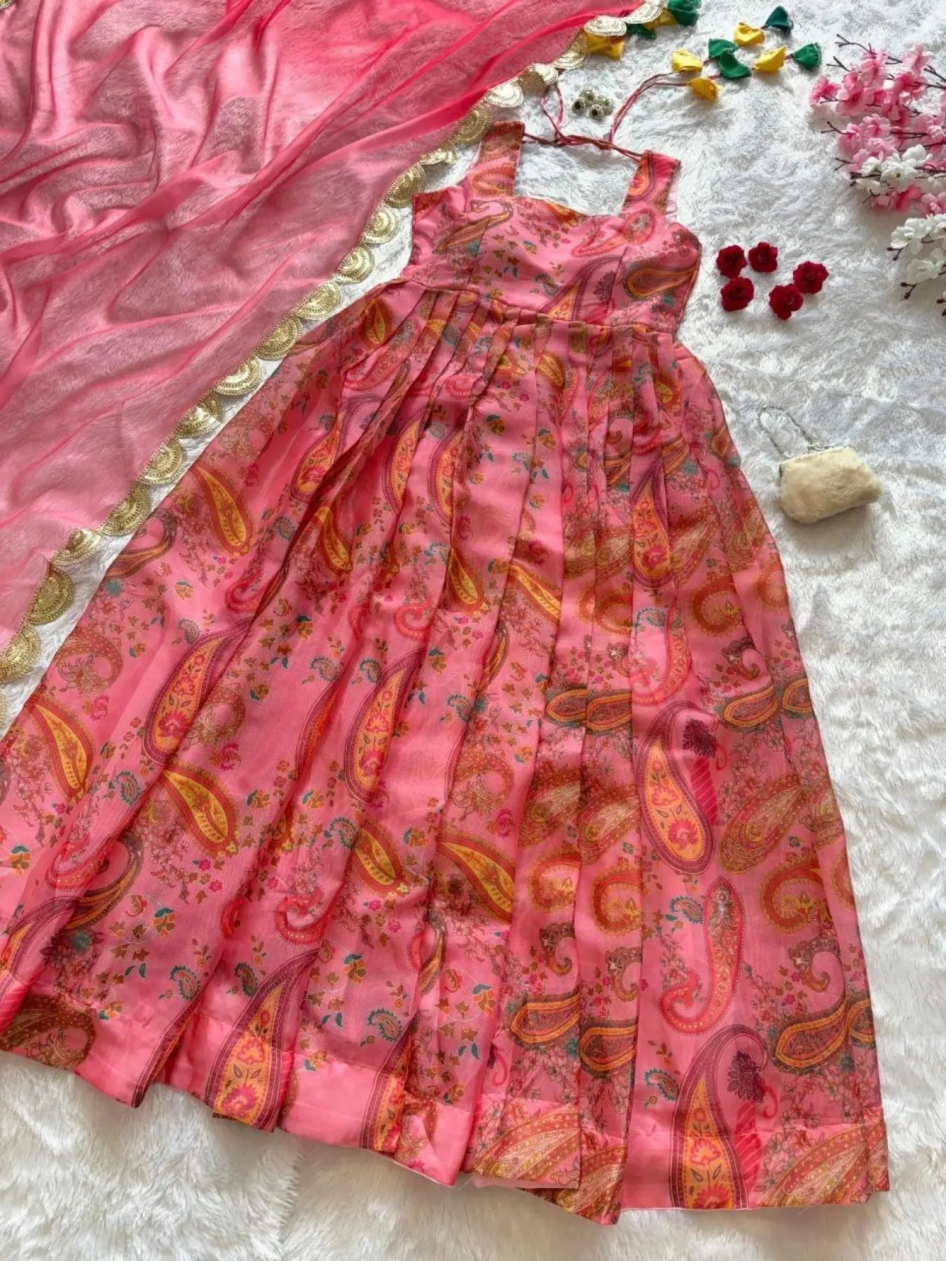 Stylish Magenta Organza Silk Digital Print Anarkali Gown with Heavy Flair and Lace Dupatta RE