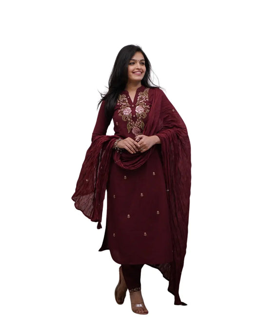 Women's Cotton embroidery work kurta pant with mulmul dupatta set Size -M BazaarBag