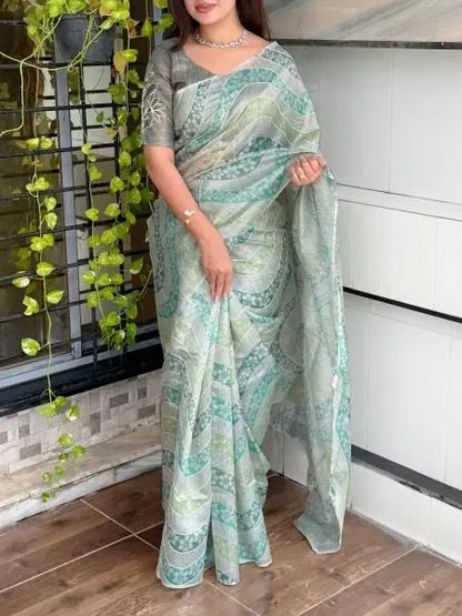 Teal & Dusty Pink Linen Cotton Saree with Copper Zari Hand Khatha Embroidery – Elegant Festive Wear Drape RE