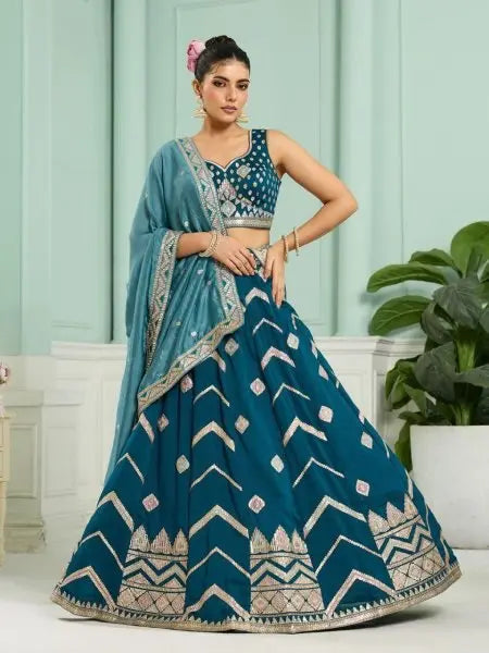 Silk Lehenga Choli with Thread and Stone Embroidery Work for Bridal Reception ( SEMISTITCH LEHENGA) RE