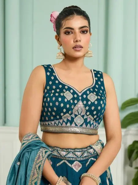 Silk Lehenga Choli with Thread and Stone Embroidery Work for Bridal Reception ( SEMISTITCH LEHENGA) RE