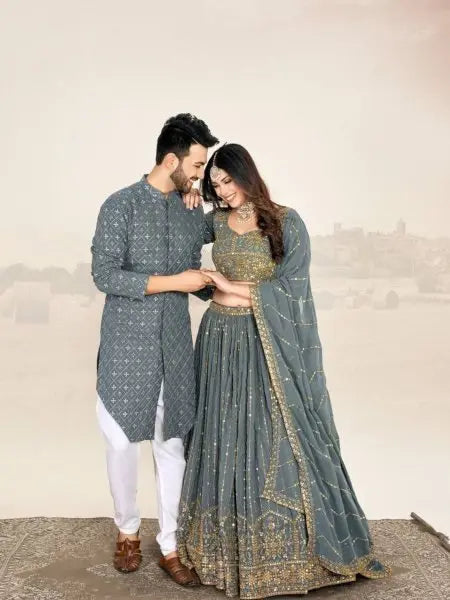 Mauve Soft Georgette Embroidered Wedding Wear Couple Wear Set RE