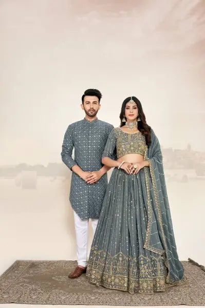 Mauve Soft Georgette Embroidered Wedding Wear Couple Wear Set RE