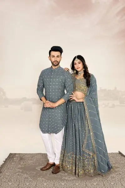 Mauve Soft Georgette Embroidered Wedding Wear Couple Wear Set RE