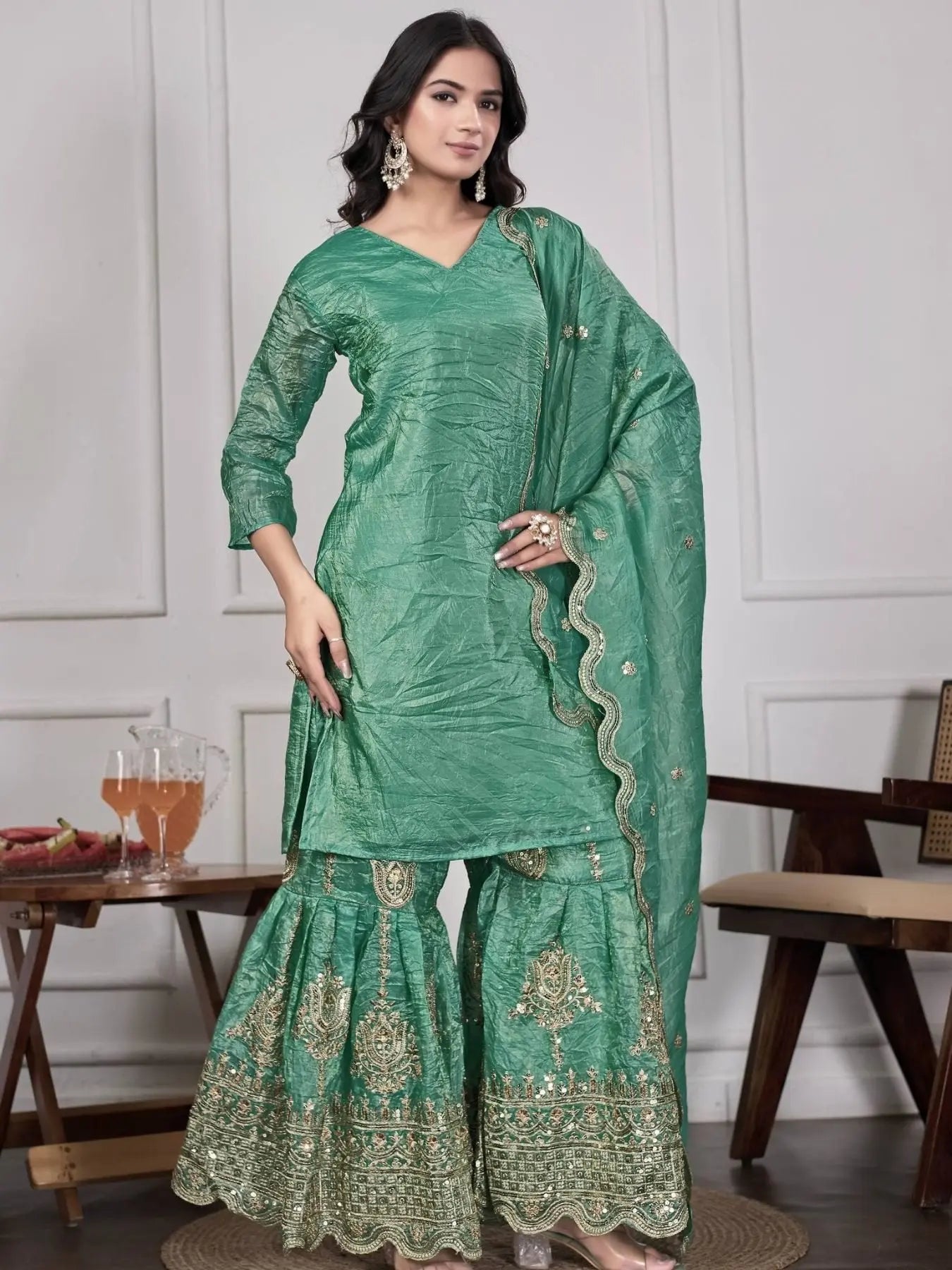 Trendy Gold Crushed Silk Embroidery Sharara Set with Dupatta Ready to Wear Festive Look RE