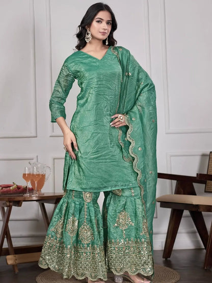 Trendy Gold Crushed Silk Embroidery Sharara Set with Dupatta Ready to Wear Festive Look RE