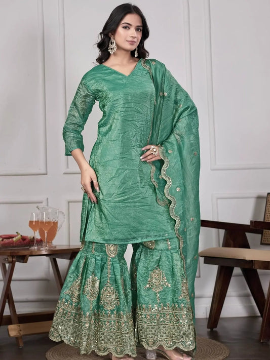 Trendy Gold Crushed Silk Embroidery Sharara Set with Dupatta Ready to Wear Festive Look RE