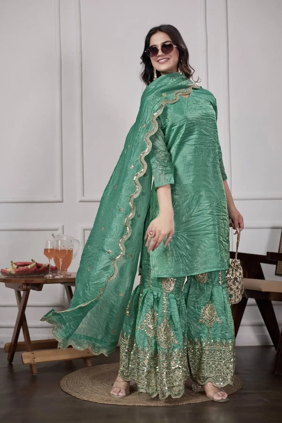 Trendy Gold Crushed Silk Embroidery Sharara Set with Dupatta Ready to Wear Festive Look RE