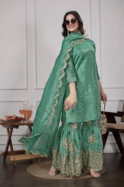 Trendy Gold Crushed Silk Embroidery Sharara Set with Dupatta Ready to Wear Festive Look RE