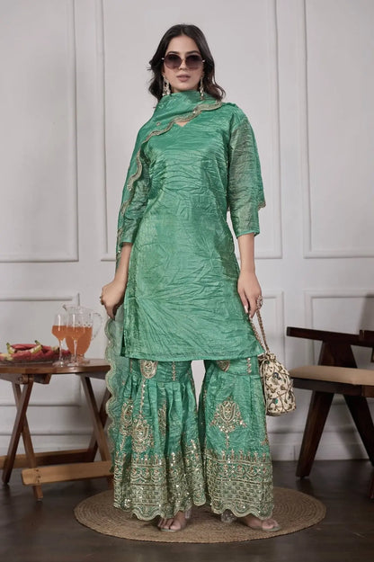 Trendy Gold Crushed Silk Embroidery Sharara Set with Dupatta Ready to Wear Festive Look RE