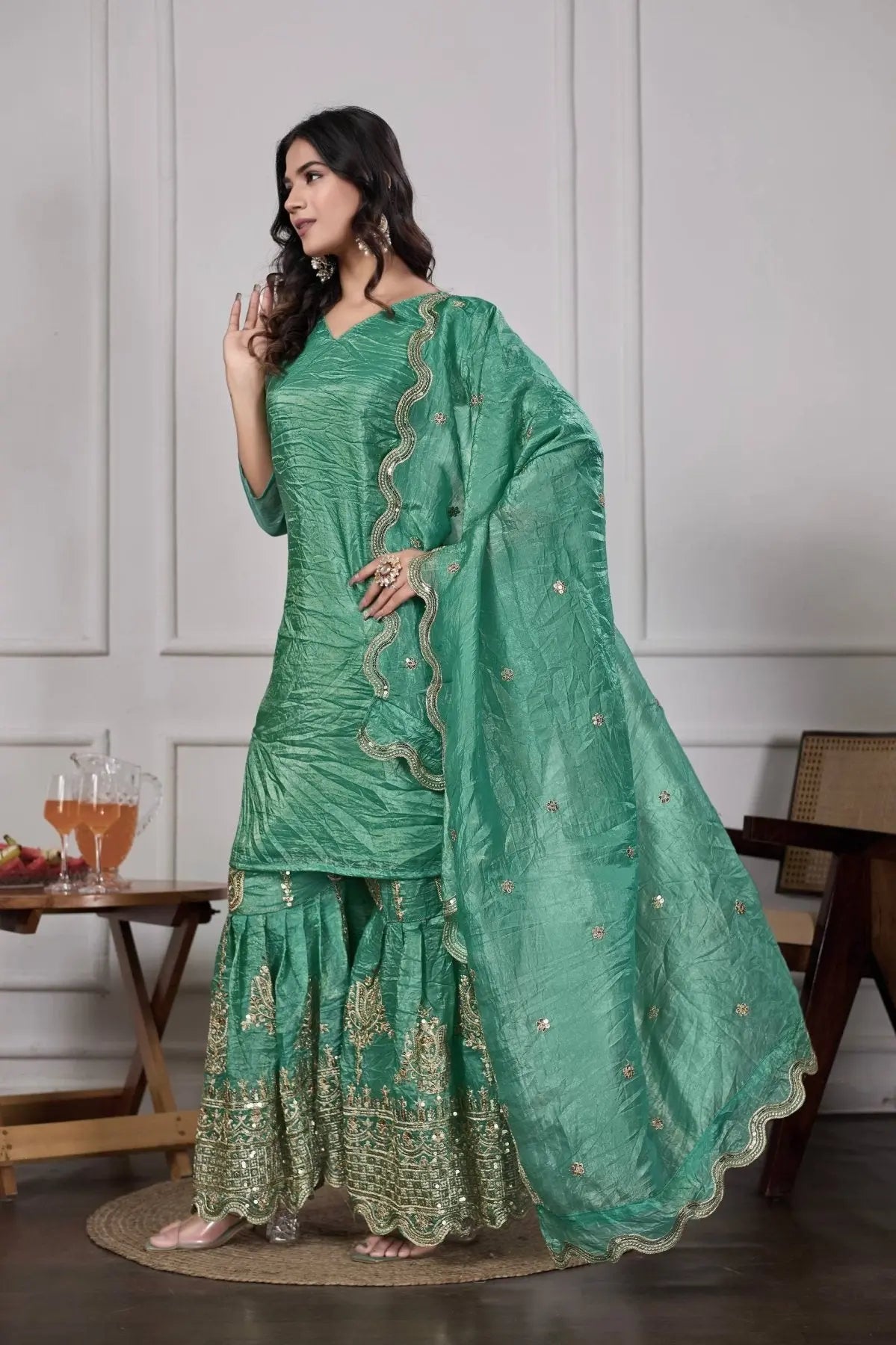 Trendy Gold Crushed Silk Embroidery Sharara Set with Dupatta Ready to Wear Festive Look RE