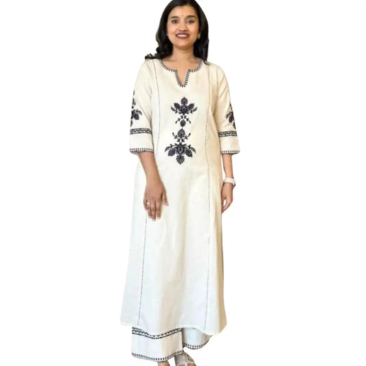 Women's Cotton Blend White Straight Printed Kurta with Pant  Size -L BazaarBag