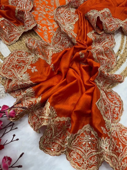 Vichitra Silk Saree with Sequin Cording Work Wholesale Festive Wear with Designer Blouse RE