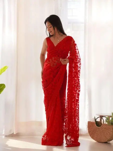 Black, Red & White Butterfly Net Sarees – Party Wear & Wedding Collection with Embroidery, Cutwork, Chain Stitch & Stone Work Glam Drape RE