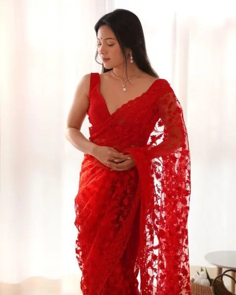 Black, Red & White Butterfly Net Sarees – Party Wear & Wedding Collection with Embroidery, Cutwork, Chain Stitch & Stone Work Glam Drape RE