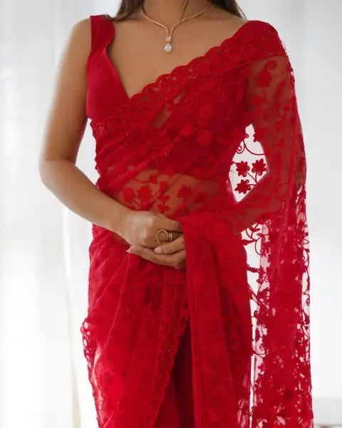 Black, Red & White Butterfly Net Sarees – Party Wear & Wedding Collection with Embroidery, Cutwork, Chain Stitch & Stone Work Glam Drape RE