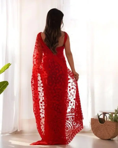 Black, Red & White Butterfly Net Sarees – Party Wear & Wedding Collection with Embroidery, Cutwork, Chain Stitch & Stone Work Glam Drape RE