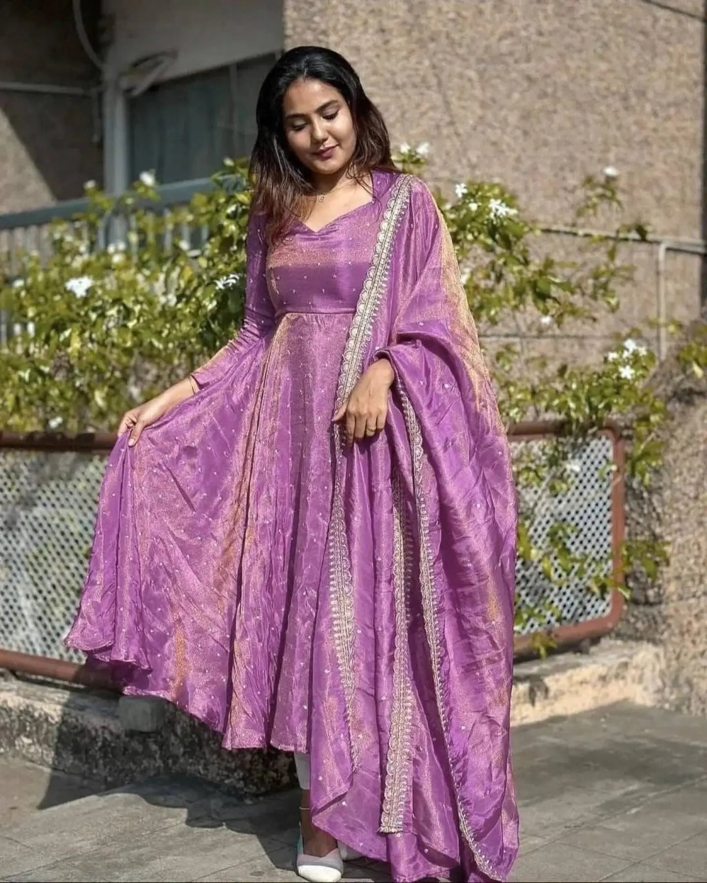 Elegant Orange Twil Net Anarkali with Dupatta Festive Wear Gown Set Attractive Sister
