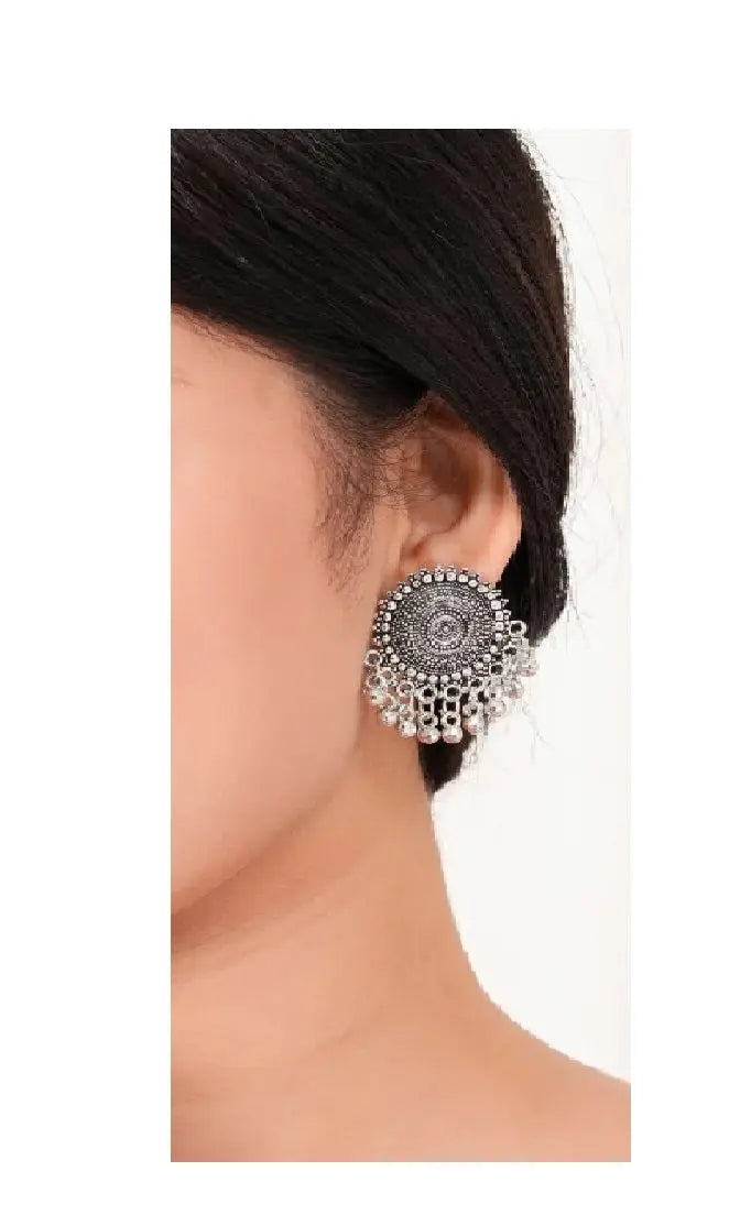 Women’s Silver Circle Long Three Rhinestone Unique Western Earrings for Women Party Wear Attractive Sister