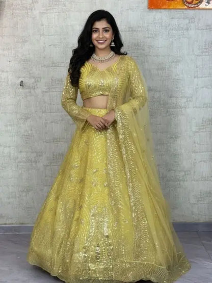 Yellow Net Lehenga with Sequins Detailing and Dupatta for Haldi Celebration Outfit RE