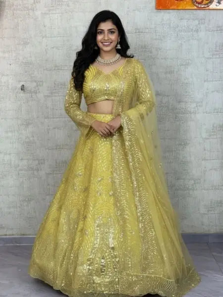 Yellow Net Lehenga with Sequins Detailing and Dupatta for Haldi Celebration Outfit RE