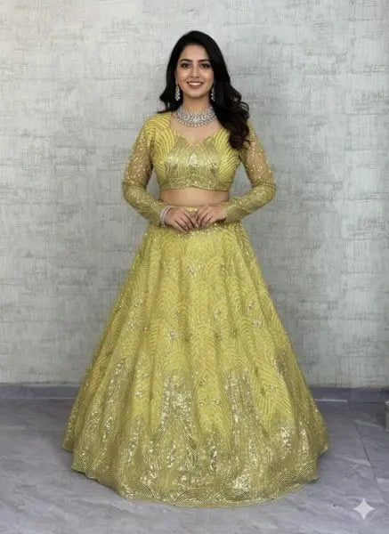 Yellow Net Lehenga with Sequins Detailing and Dupatta for Haldi Celebration Outfit RE