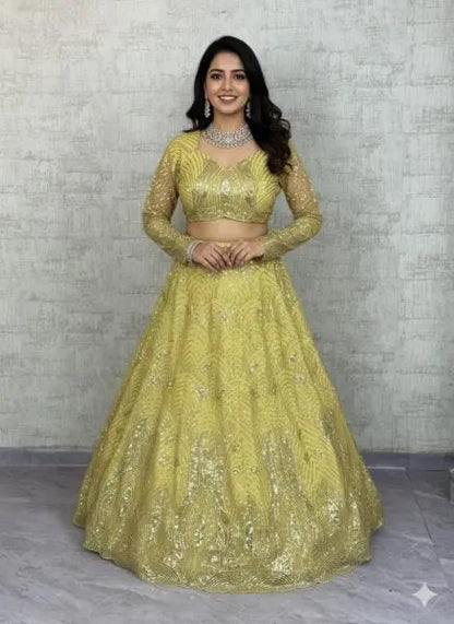 Yellow Net Lehenga with Sequins Detailing and Dupatta for Haldi Celebration Outfit RE