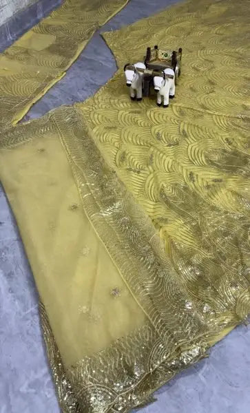 Yellow Net Lehenga with Sequins Detailing and Dupatta for Haldi Celebration Outfit RE