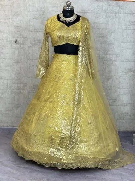 Yellow Net Lehenga with Sequins Detailing and Dupatta for Haldi Celebration Outfit RE
