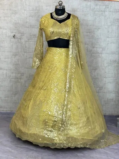 Yellow Net Lehenga with Sequins Detailing and Dupatta for Haldi Celebration Outfit RE