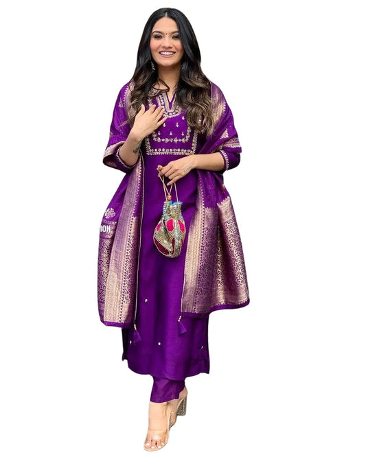 Women'S And Girls Wear Purple Color Roman Silk Embroidered Work A-Line Kurta, Pant and Dupatta Set Size-XL BazaarBag